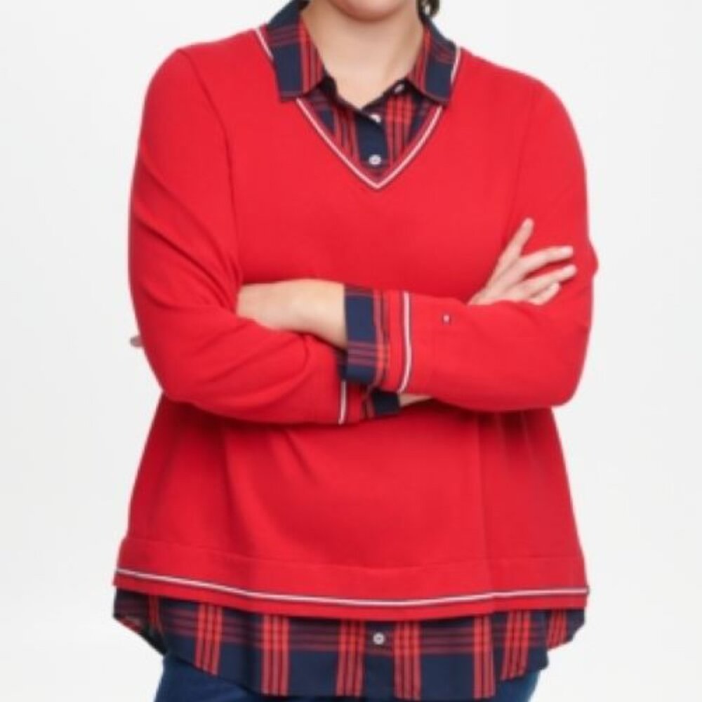 Tommy Hilfiger Women's Essential Curve Plaid Sweater Scarlet - 2X